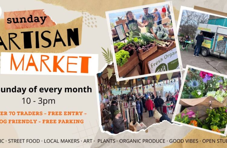 Photos of fresh vegetables and flowers on sale at the market, as well as a vegan food stall