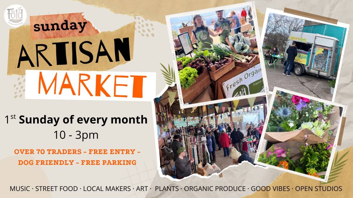 Photos of fresh vegetables and flowers on sale at the market, as well as a vegan food stall