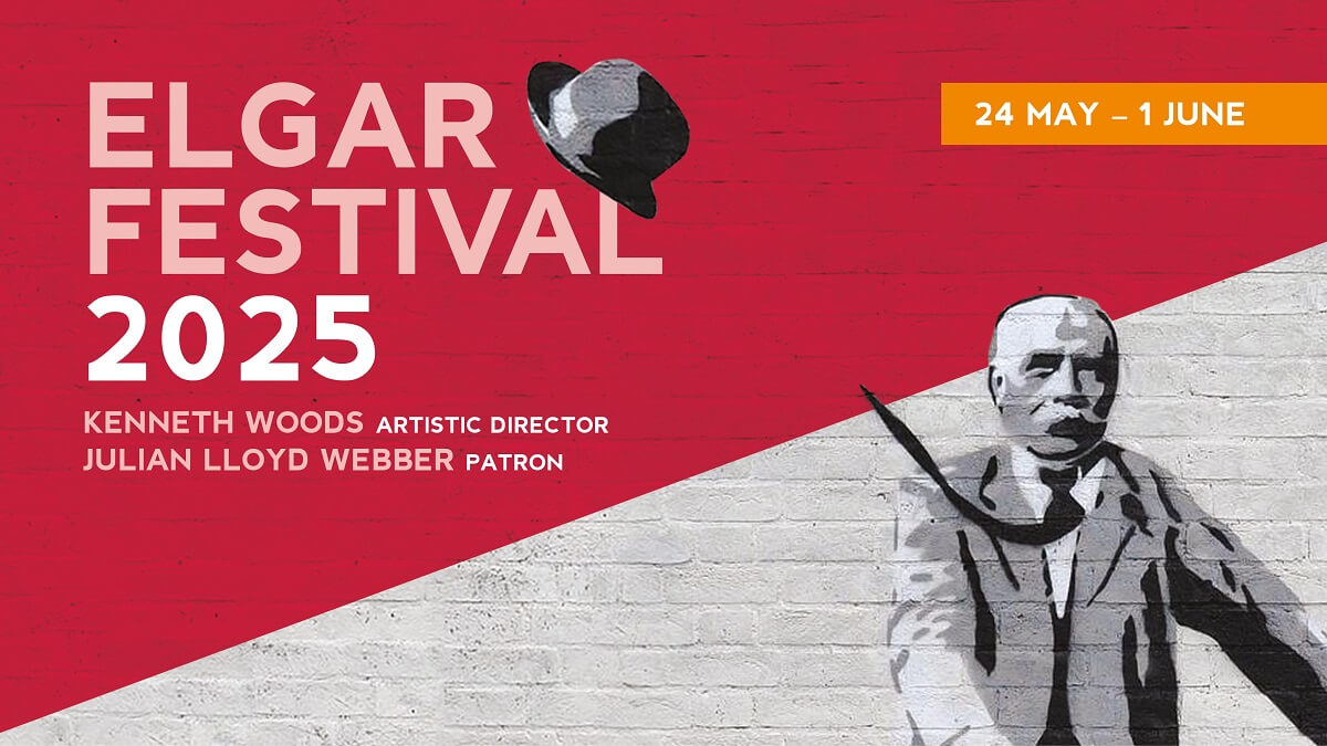 Elgar Festival advert showing street art of Elgar and dates of event: 24 May - 1 June
