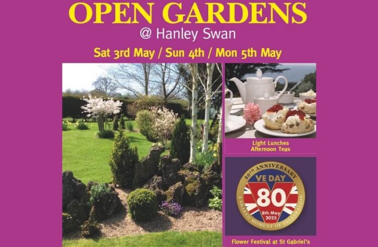 A purple background with photos advertising Hanley Swan Open Gardens (see description for details)