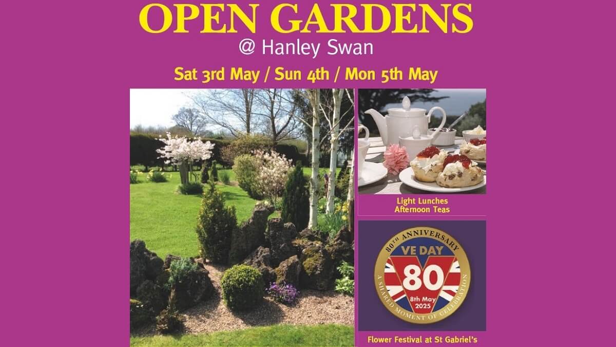 A purple background with photos advertising Hanley Swan Open Gardens (see description for details)