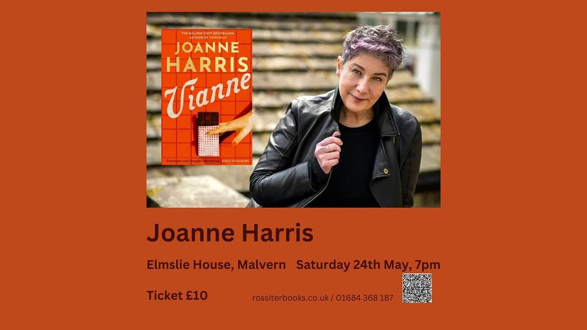 Photo of Joanne Harris alongside the cover of her novel Vianne