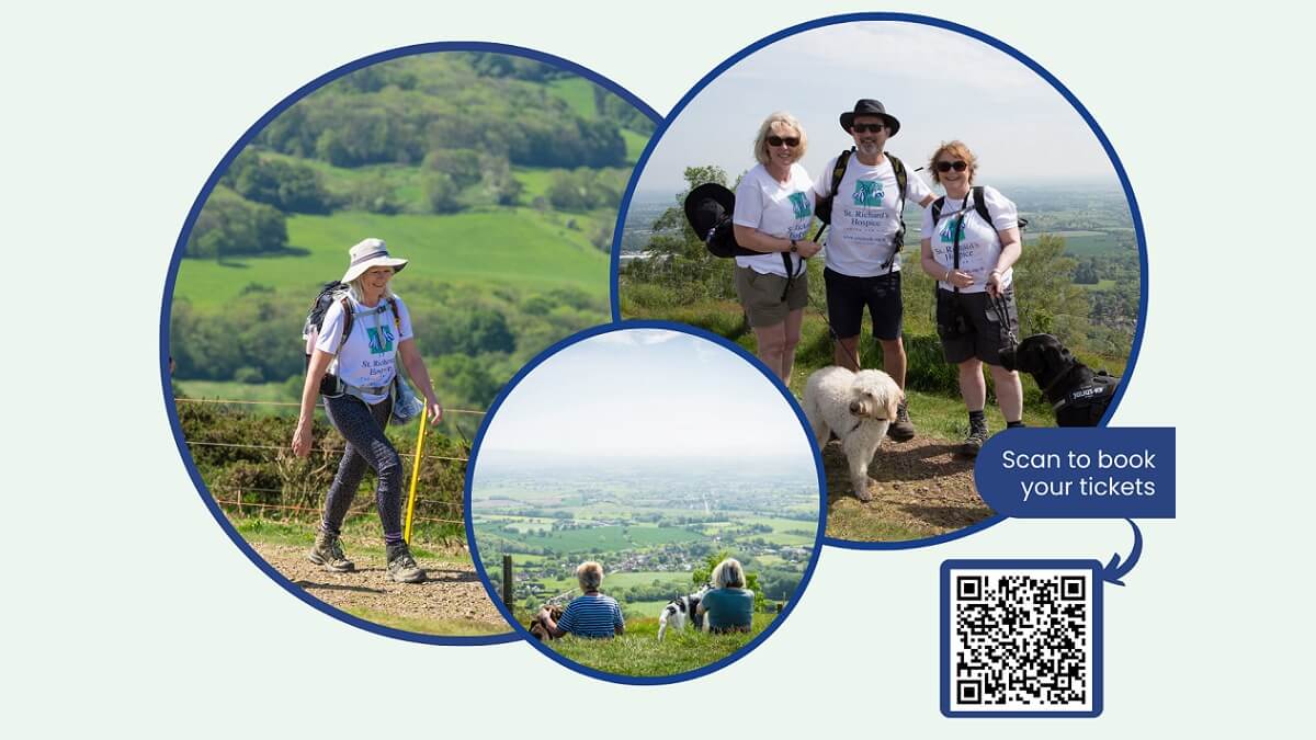 Photos of the Malvern Hills and walkers taking part in the sponsored walk