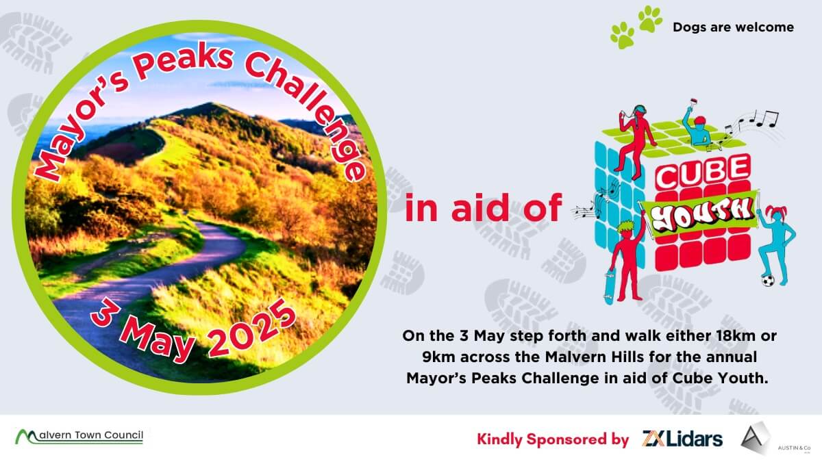 A view of the Malvern Hills in a green circle with text to the right describing the event