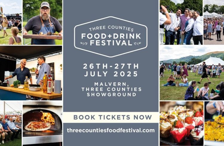 Banner advertising Three Counties Food and Drink Festival, showing images from previous events including demonstrations, examples of food available, crowds enjoying the sunshine below the Malvern Hills