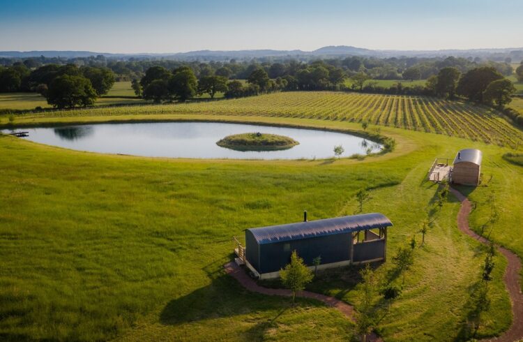 Aerial view of Wagtail Retreat looking over fields