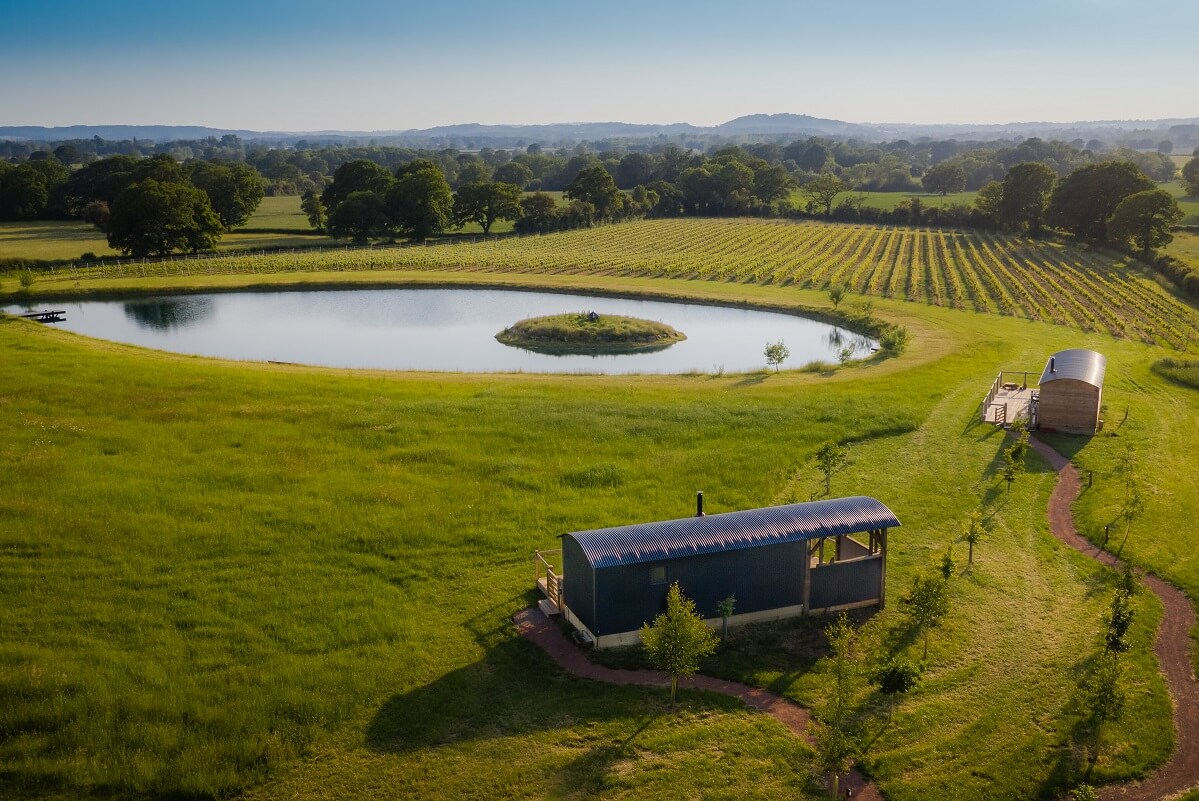 Aerial view of Wagtail Retreat looking over fields