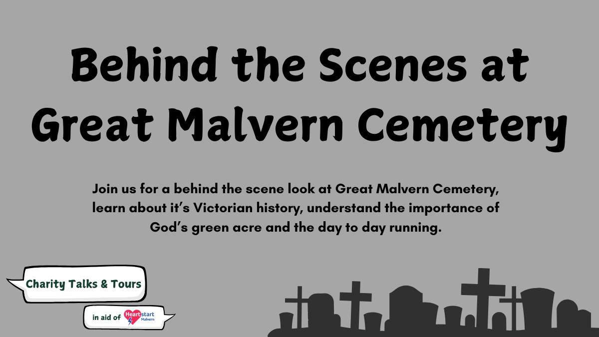 Black text on a grey background advertising cemetery tour, with silhouettes of gravestones at the bottom